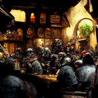 a bunch of orks sitting in a medieval taverne