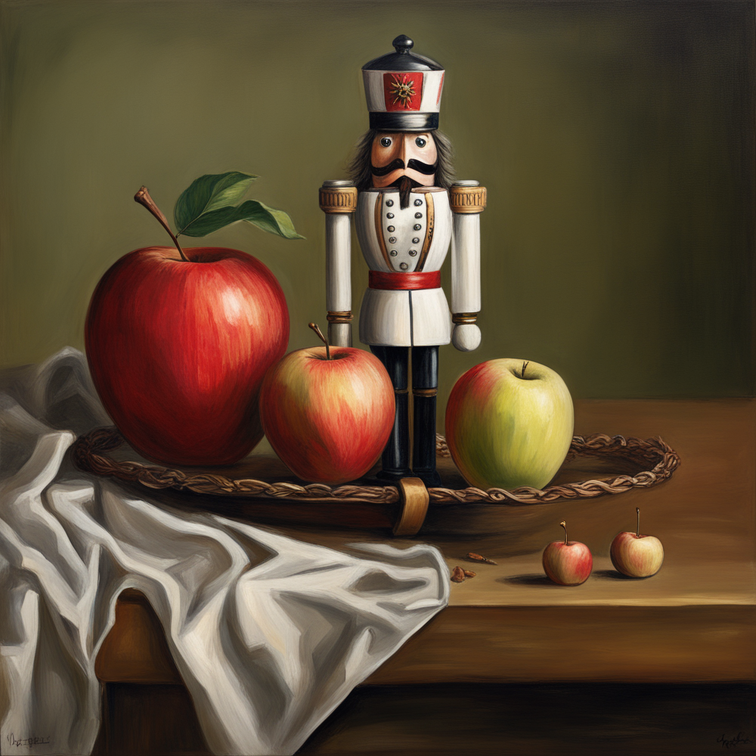 A still life with a nutcracker cracking an apple. [SDXL sd_xl_base_1.0_0.9vae.safetensors] 657903615.png