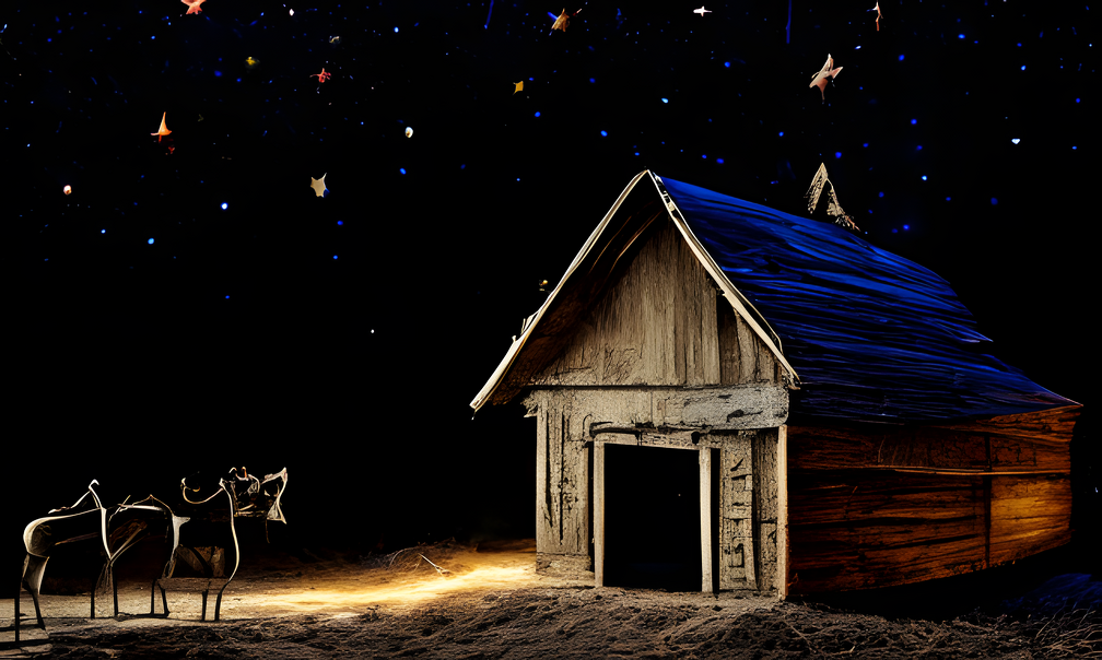 A stunning photography of a verry old wooden stable in a fantasy landscape. The star of Bethlehem shines  rightly in the night sky abo763702712.png
