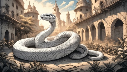 were-snake near a fantastical urban landscape