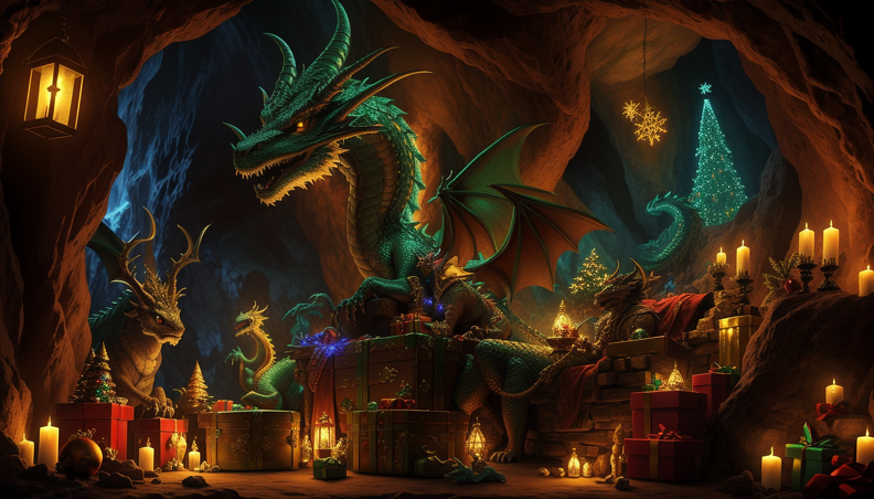 Prompt: An old dragon sits next to a richly decorated treasure chest in a cave. Christmas light. hyper-detailed, fantasy, 213834__00001_.png